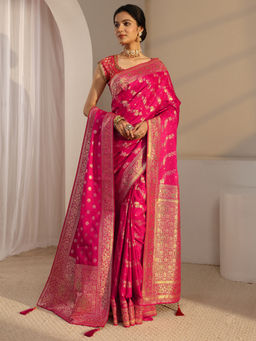 Libas - Pink Satin Tassels Handloom Saree with Unstitched Blouse