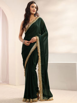 Libas - Green Chiffon Lace Work Solid Saree with Unstitched Blouse