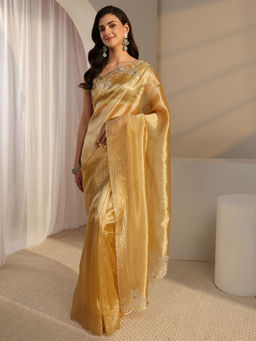 Libas - Gold Tissue Beads and Stones Embellished Saree with Unstitched Blouse