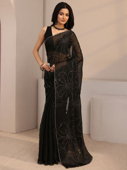 Libas - Black Tissue Embellished Floral Saree with Unstitched Blouse