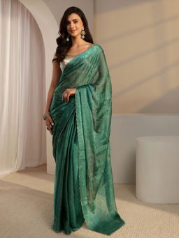 Libas - Green Tissue Embellished Floral Saree with Unstitched Blouse