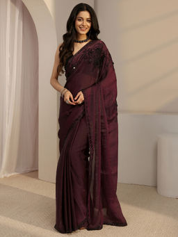 Libas - Burgundy Tissue Beads and Stones Solid Saree with Unstitched Blouse