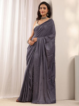 Libas - Grey Satin Beads and Stones Solid Saree with Unstitched Blouse