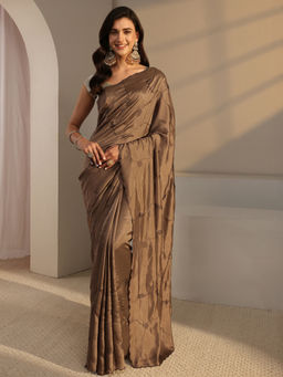 Libas - Brown Satin Beads and Stones Solid Saree with Unstitched Blouse