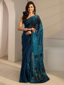 Libas - Blue Tissue Beads and Stones Embellished Saree with Unstitched Blouse