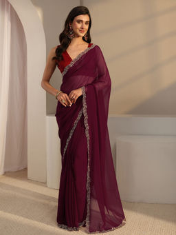 Libas - Burgundy Georgette Lace Work Solid Saree with Unstitched Blouse