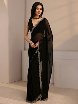Libas - Black Georgette Lace Work Solid Saree with Unstitched Blouse