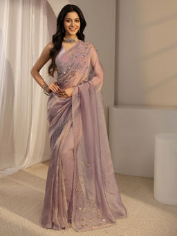 Libas - Lavender Organza Beads and Stones Embellished Saree with Unstitched Blouse