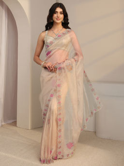 Libas - Taupe Organza Embellished Floral Saree with Unstitched Blouse