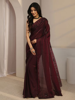Libas - Burgundy Tissue Beads and Stones Embellished Saree with Unstitched Blouse