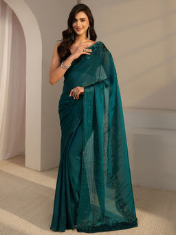 Libas - Green Tissue Beads and Stones Embellished Saree with Unstitched Blouse