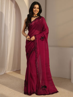 Libas - Pink Organza Beads and Stones Embellished Saree with Unstitched Blouse