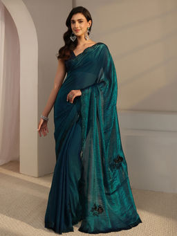 Libas - Blue Organza Beads and Stones Embellished Saree with Unstitched Blouse