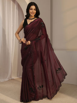 Libas - Maroon Organza Beads and Stones Embellished Saree with Unstitched Blouse
