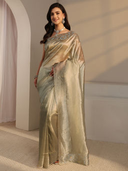 Libas - Taupe Chiffon Beads and Stones Embellished Saree with Unstitched Blouse