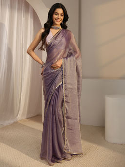 Libas - Lavender Chiffon Lace Work Solid Saree with Unstitched Blouse