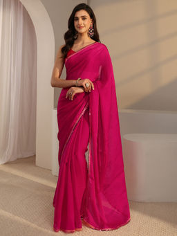 Libas - Pink Chiffon Lace Work Solid Saree with Unstitched Blouse