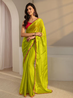 Libas - Green Chiffon Lace Work Solid Saree with Unstitched Blouse