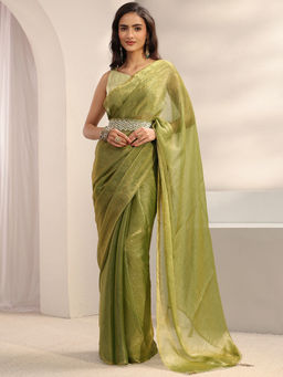 Libas - Green Chiffon Tassels Solid Saree with Unstitched Blouse