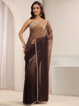 Libas - Brown Tissue Lace Work Solid Ombre Saree with Unstitched Blouse