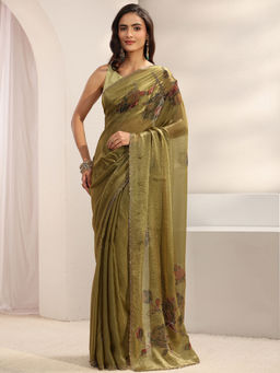 Libas - Green Tissue Beads and Stones Printed Saree with Unstitched Blouse