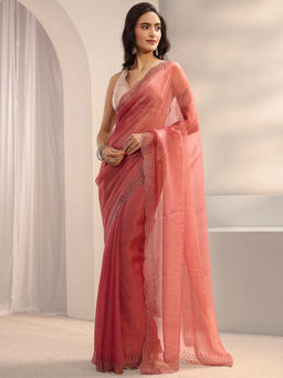 Libas - Pink Tissue Beads and Stones Embellished Saree with Unstitched Blouse