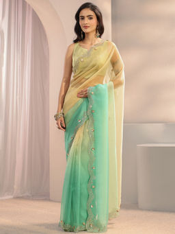 Libas - Green Tissue Beads and Stones Embellished Saree with Unstitched Blouse