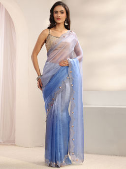 Libas - Blue Tissue Beads and Stones Embellished Saree with Unstitched Blouse