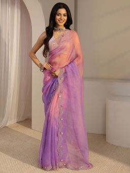 Libas - Purple Tissue Beads and Stones Embellished Saree with Unstitched Blouse