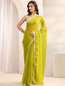 Libas - Green Chiffon Lace Work Solid Saree with Unstitched Blouse