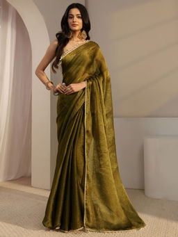 Libas - Olive Tissue Lace Work Solid Saree with Unstitched Blouse