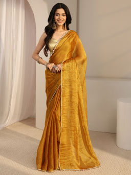 Libas - Rust Tissue Lace Work Solid Saree with Unstitched Blouse