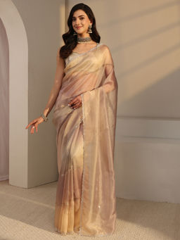 Libas - Beige Tissue Beads and Stones Embellished Saree with Unstitched Blouse