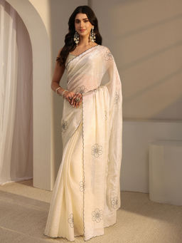Libas - Cream Tissue Beads and Stones Embellished Saree with Unstitched Blouse