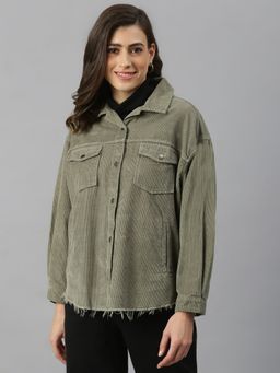 Xpose - Women Olive Solid Oversized Boyfriend Fit Corduroy Shacket