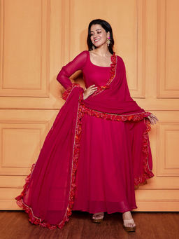 NUD - Raspberry Pink Sheer Back Anarkali with Dupatta (Set of 2)