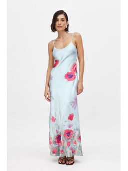 NA-KD - Satin Low Back Maxi Dress-Blue Flower Print