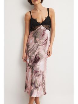 NA-KD - Satin Lace Detail Midi Dress-Pink Print