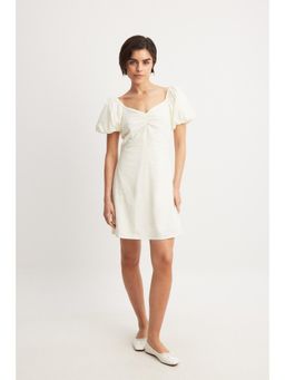NA-KD - Linen Blend Puff Shoulder Mini Dress-Beige