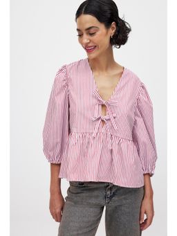 NA-KD - Tie Front Puff Sleeve Top-Red Stripe