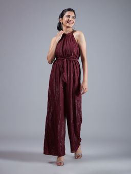 Twenty Dresses by Nykaa Fashion - Burgundy Shimmer Round Neck Strap Wide Leg Jumpsuit (Set of 2)