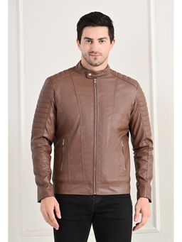 TBOJ - Men Solid Leather Jacket - Brown