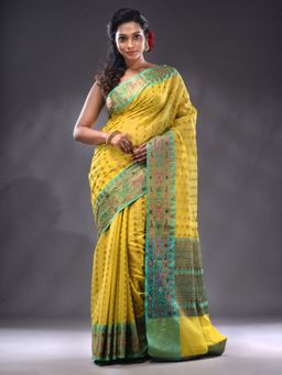 CHARUKRITI - Yellow Cotton Blend Handwoven Saree With Unstitched Blouse