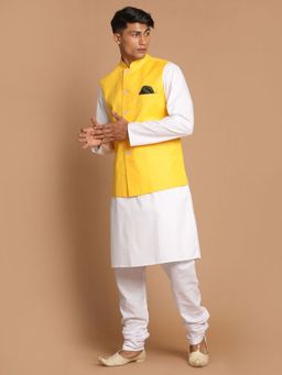 Vastramay - Mens Yellow and White Pure Cotton Jacket - Kurta and Pyjama (Set of 3)