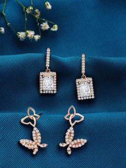 Zaveri Pearls - Set of 2 Rose Gold Cubic Zirconia Contemporary Drop Earrings-ZPFK13446