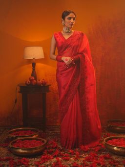 Midushi Bajoria - Red Surkh Saree with Stitched Blouse