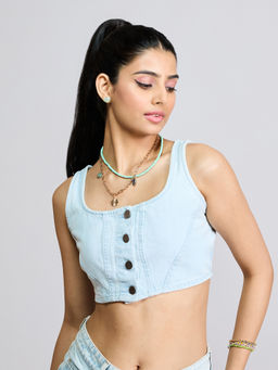 MIXT by Nykaa Fashion - Blue Scoop Neck Corset Denim Crop Top