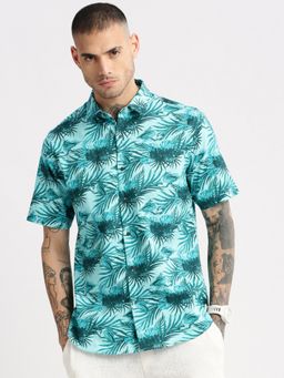 SHOWOFFFF - Mens Short Sleeves Spread Collar Cotton Printed Turquoise Blue Casual Shirt