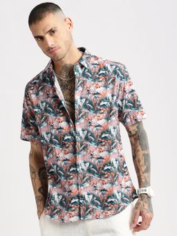 SHOWOFFFF - Mens Short Sleeves Spread Collar Cotton Floral Multi-Color Casual Shirt