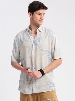 SHOWOFF - Mens Short Sleeves Spread Collar Cotton Abstract Multi-Color Casual Shirt